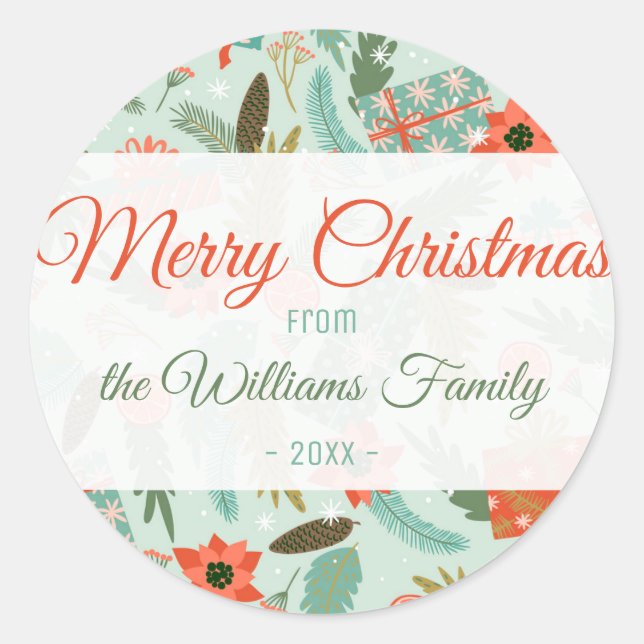 Adesivo Redondo Tema de inverno Natal Sage Green Red Poinsettia (Frente)