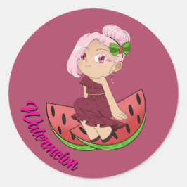 Adesivo Redondo Tema de Melancia Fofa Chibi com Melões Fatiados