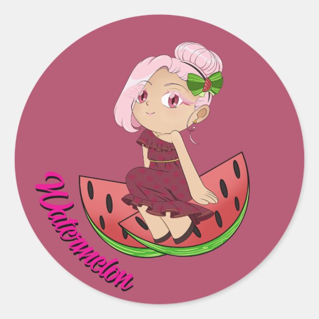 Adesivo Redondo Tema de Melancia Fofa Chibi com Melões Fatiados (Frente)