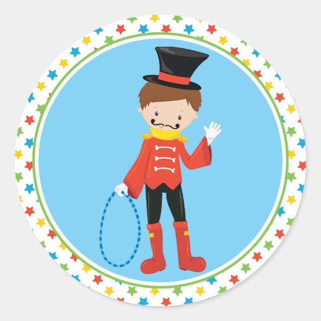 Adesivo Redondo Tema do circo | Ringmaster (Frente)