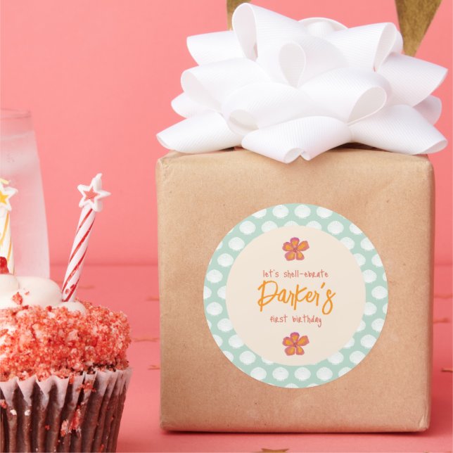 Adesivo Redondo Tema do Partido Costeiro da Praia "Shell-Ebration" (Festa)