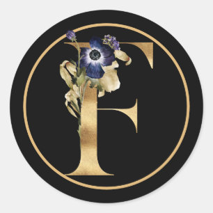 ADESIVO REDONDO TEMA DOURADO MONOGRAMA F COM DISPOSIÇÃO FLORAL