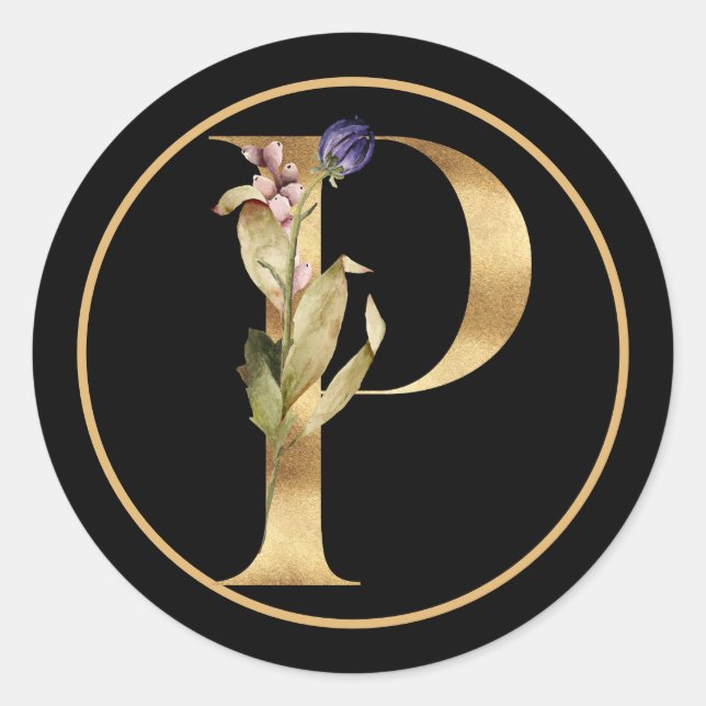 ADESIVO REDONDO TEMA DOURADO MONOGRAMA P COM DISPOSIÇÃO FLORAL (Frente)