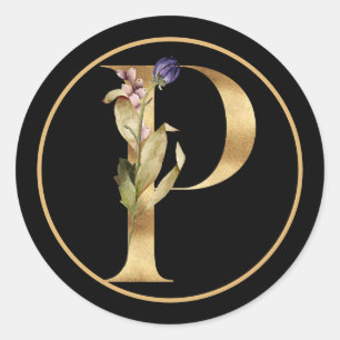 ADESIVO REDONDO TEMA DOURADO MONOGRAMA P COM DISPOSIÇÃO FLORAL