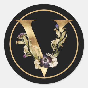 ADESIVO REDONDO TEMA DOURADO MONOGRAMA V COM FLORES