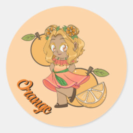 Adesivo Redondo Tema Fofo de Laranja Chibi com Laranjas