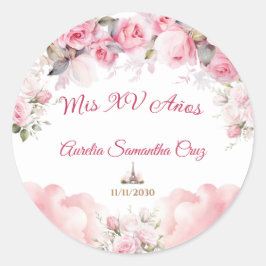 Adesivo Redondo Tema Paris Rosa Quinceañera Sticker Floral