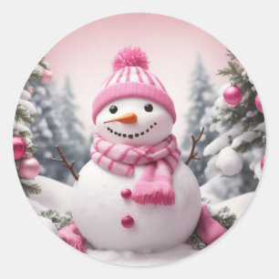 Adesivo Redondo Tema Rosa Personalizado Snowman de Natal