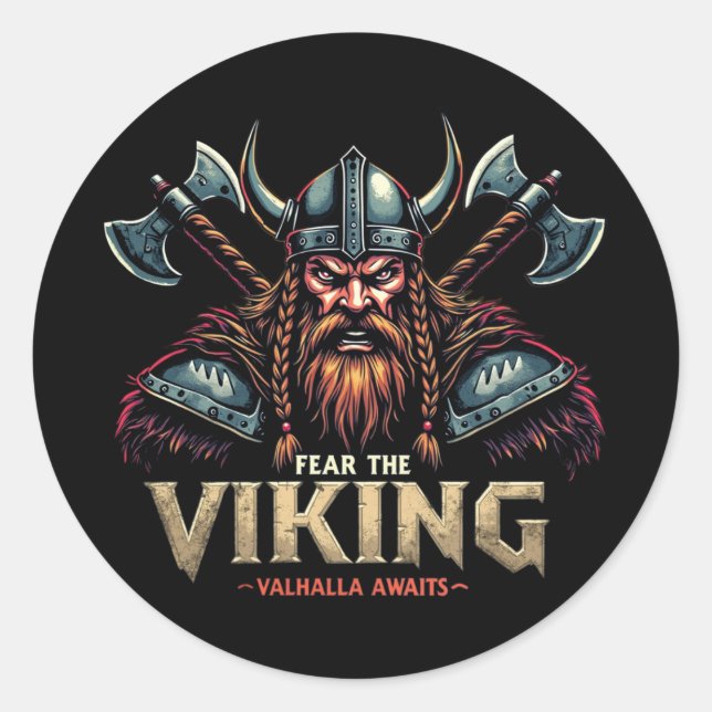 Adesivo Redondo Teme O Viking Nórdico Guerreiro Valhalla Aguarda (Frente)