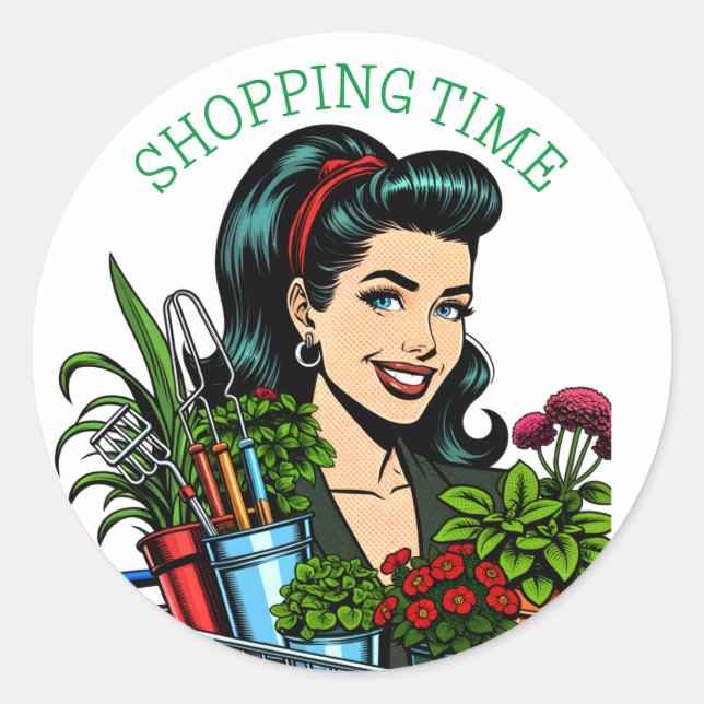 Adesivo Redondo Tempo de compra | Amantes De Plantas Retro Funny (Frente)