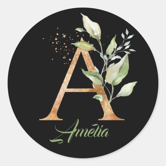 Adesivo Redondo Tendência moderna Um monograma verde e folha de ou (Frente)