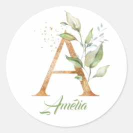 Adesivo Redondo Tendência moderna Uma folha verde monograma e dour