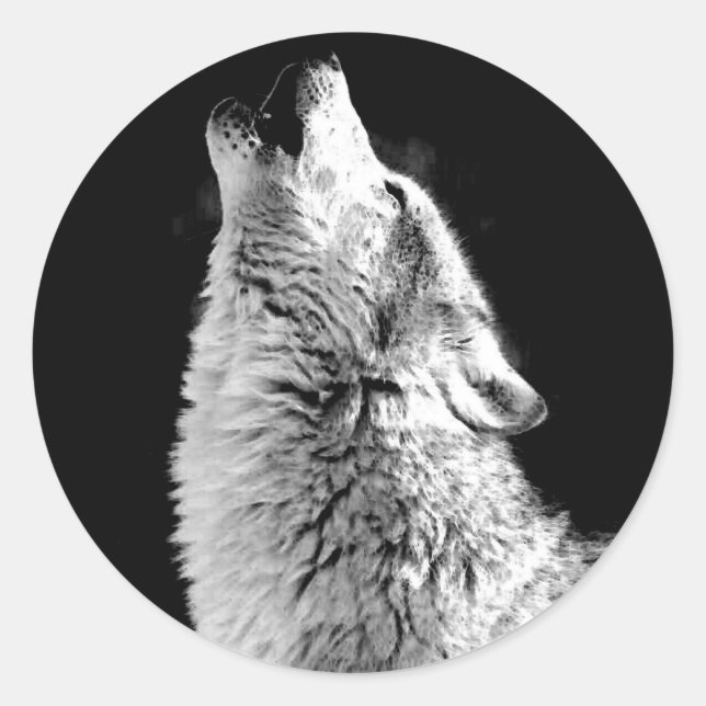 Adesivo Redondo Tendy Black White Wolf Howling Moon Photo Sticker (Frente)