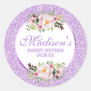 Adesivo Redondo Tendy Glitter Purple Floral Sweet 16