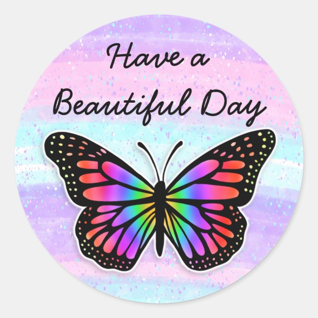 Adesivo Redondo Tenha um Belo Dia | Borboleta Roxa  (Frente)