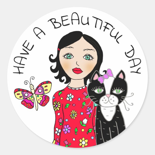 Adesivo Redondo Tenha um belo dia enquanto uma garota de arte (Frente)