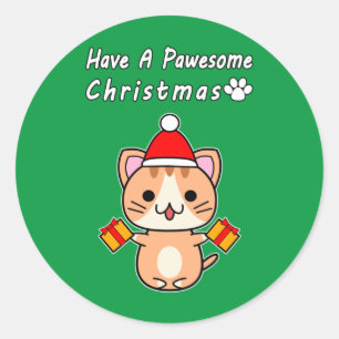 Adesivo Redondo Tenha um Natal Pawesome - Gato Tabby Gengibre