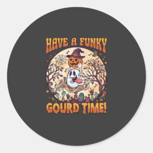 Adesivo Redondo Tenha um Tempo de Abóbora Funky Halloween Fantasma