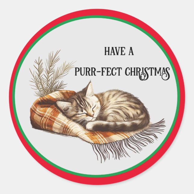 Adesivo Redondo Tenha um Vinheta de Natal Purr-fect Cat (Frente)