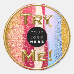 Adesivo Redondo Tente me logotipo Exemplo de testador Dourado Glit
