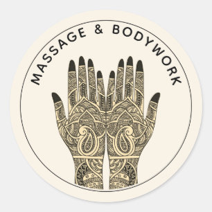 Adesivo Redondo Terapia de Massagem Mehndi Henna Mãos de Cura