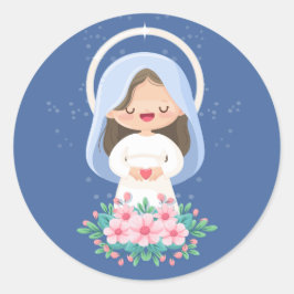 Adesivo Redondo Ternura Kawaii Virgem Maria com Coração – Azul Esc