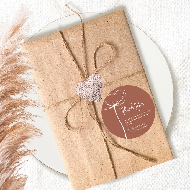 Adesivo Redondo Terracotta Bold Simple Floral Casamento Obrigado (Criador carregado)