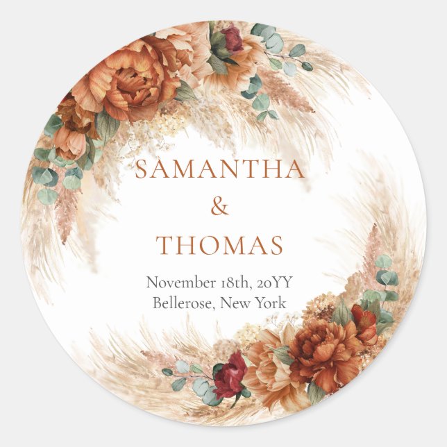 Adesivo Redondo Terracotta burgundy eucalyptus e pampas Stickers (Frente)