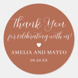 Adesivo Redondo Terracotta Calliografia Casamento Obrigado A Favor