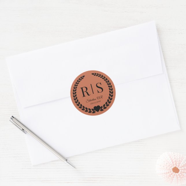 Adesivo Redondo Terracotta Clay Wedding Monogram Initials (Envelope)