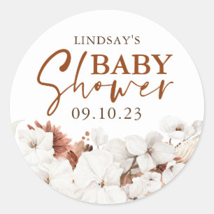 Adesivo Redondo Terracotta e Flores Brancas Boho Chá de fraldas