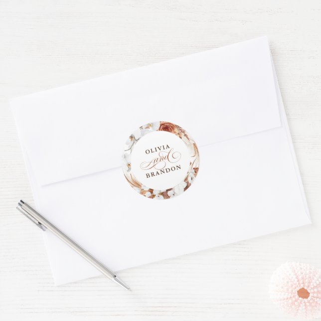 Adesivo Redondo Terracotta e Flores Brancas Boho Wedding (Envelope)