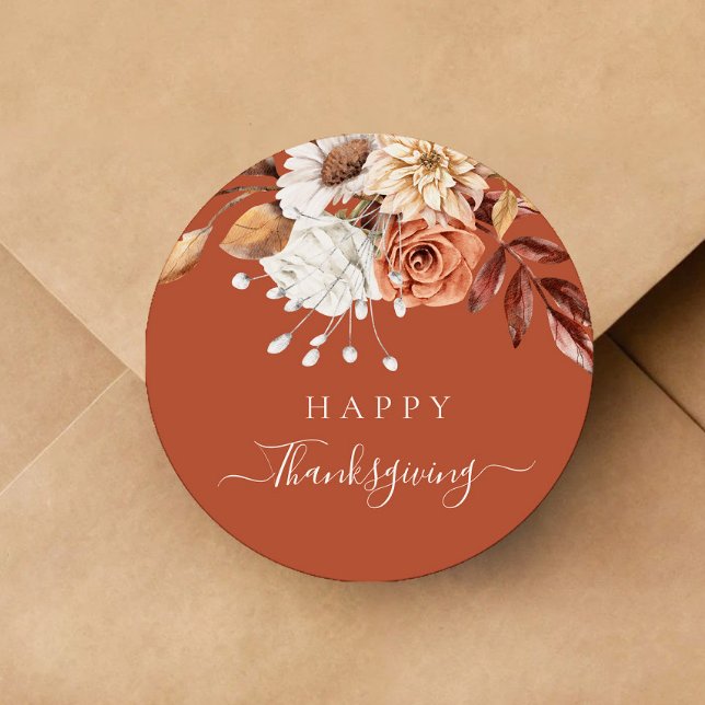 Adesivo Redondo Terracotta Fall Floral Feliz Ação de Graças (Elegant Terracotta Fall Floral Happy Thanksgiving Classic Round Sticker)