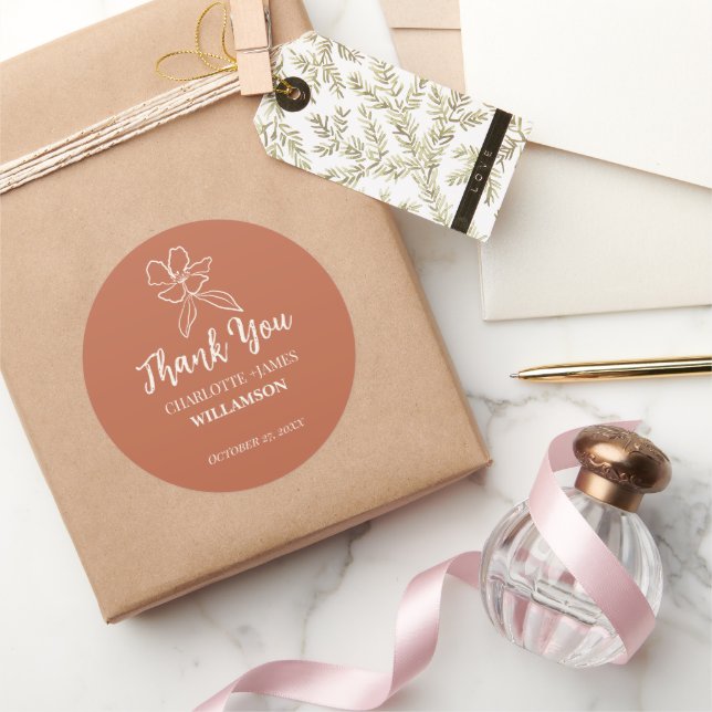 Adesivo Redondo Terracotta: Favores De Casamento Floral Mínimo (Presentear)