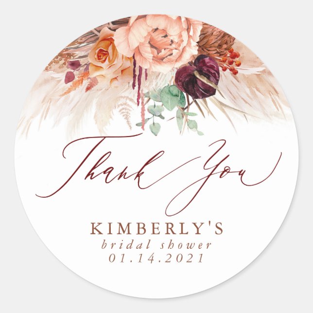 Adesivo Redondo Terracotta Floral Pampas Grass Obrigado (Frente)