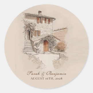 Adesivo Redondo Terracotta Italian Villa Sketch Wedding 