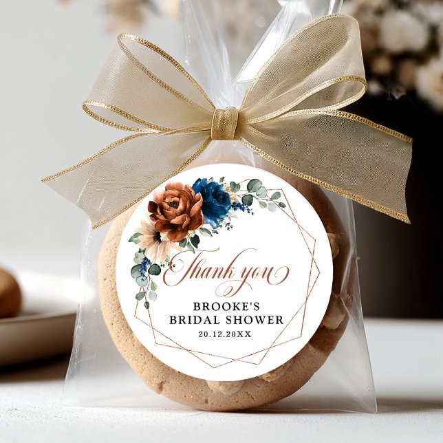 Adesivo Redondo Terracotta Marinho Azul Verde Geométrico Obrigado (Terracotta Navy Blue Greenery Geometric Thank you Classic Round Sticker)