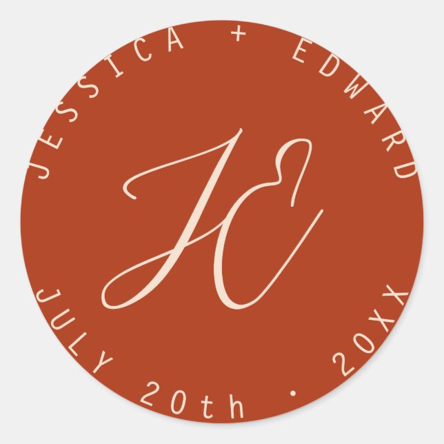 Adesivo Redondo Terracotta Monograma Simples Script Mínimo Moderno (Frente)