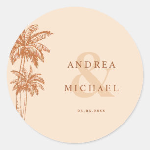 Adesivo Redondo Terracotta Palm Trees & Ampersand Names Casamento