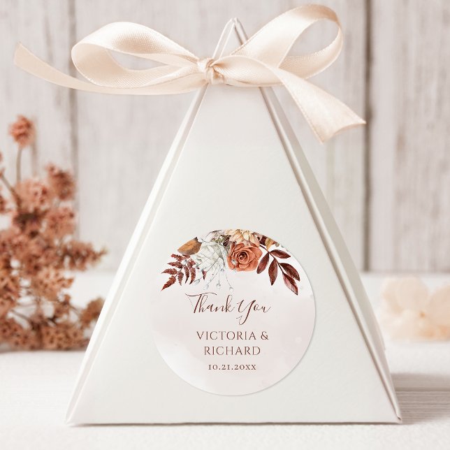 Adesivo Redondo Terracotta Rust Flores Boho Fall Foliage Casamento (Criador carregado)