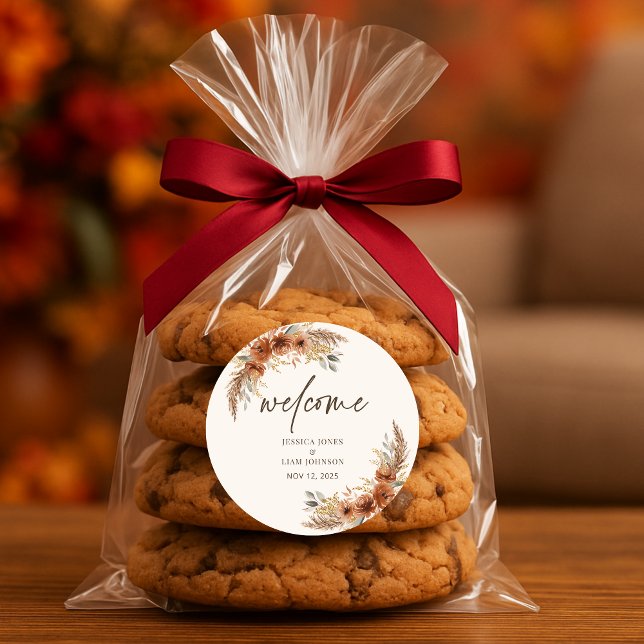 Adesivo Redondo Terracotta Rustic Fall Floral Weding Bem-vindo (Terracotta Rustic Fall Floral Wedding Welcome Classic Round Sticker)