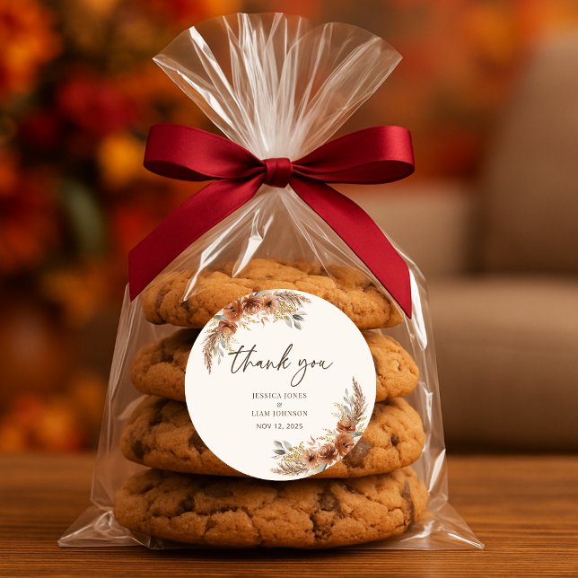 Adesivo Redondo Terracotta Rustic Fall Floral Weding Obrigado (Terracotta Rustic Fall Floral Wedding Thank you Classic Round Sticker)