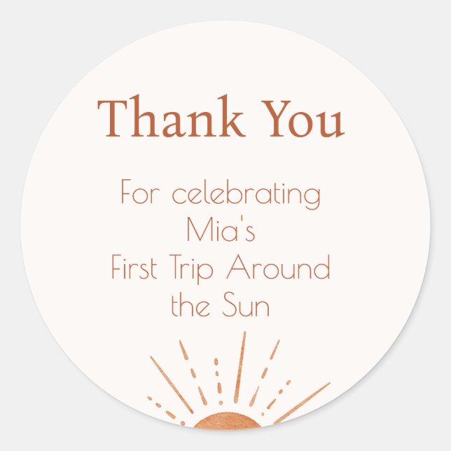 Adesivo Redondo Terracotta Sun Primeira Viagem Em Volta Obrigado S (Frente)