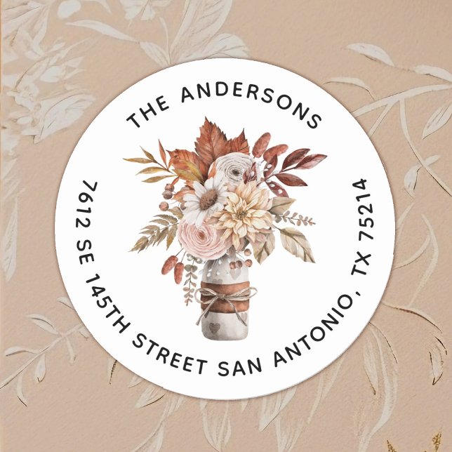 Adesivo Redondo Terracotta Watercolor Floral Mason Jar (Elegant Autumn fall wedding return address labels)