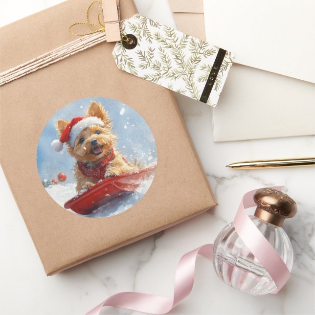 Adesivo Redondo Terrier australiano em Sledge Deixe que neve no Na (Presentear)