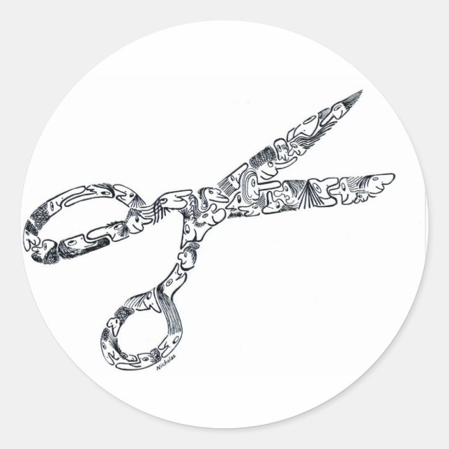 Adesivo Redondo Tesoura com cortes de cabelo (Frente)