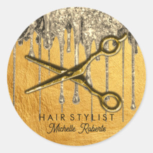 Adesivo Redondo Tesoura Dourada Personalizada Hair Salon Clas