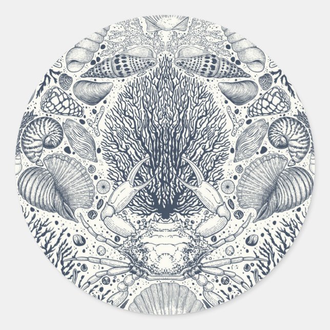 Adesivo Redondo Tesouros de praia, conchas marinhas, caranguejo, c (Frente)