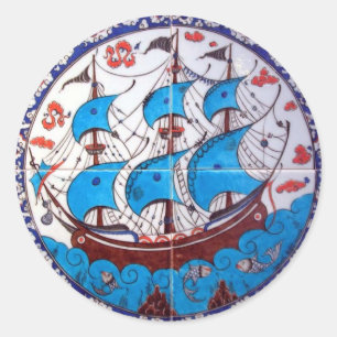 Adesivo Redondo Teste padrão da navio de guerra/arte do azulejo