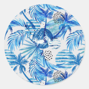 Adesivo Redondo Teste padrão tropical azul brilhante da aguarela